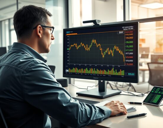 Analysis of the US Dollar Index (DXY) chart showing a decline below the 99.00 level on a financial trading desk.