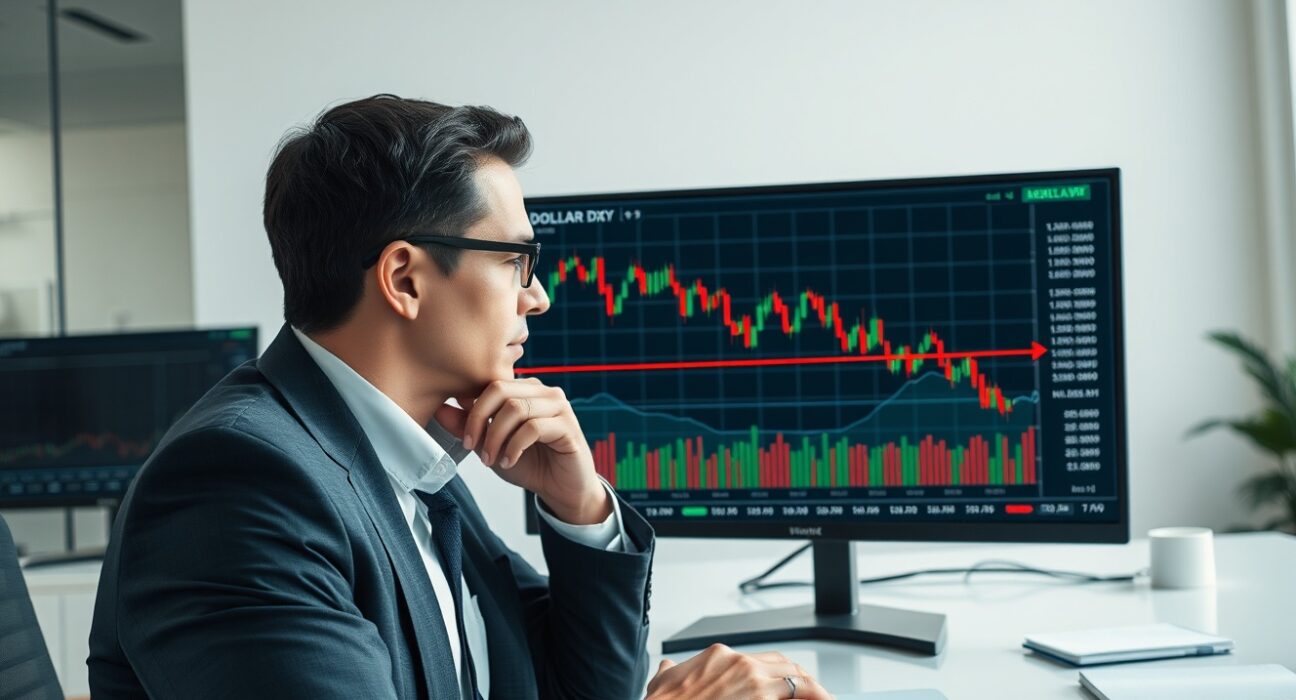 Analyst reviewing US Dollar Index chart showing a decline to one-month lows at key technical support.