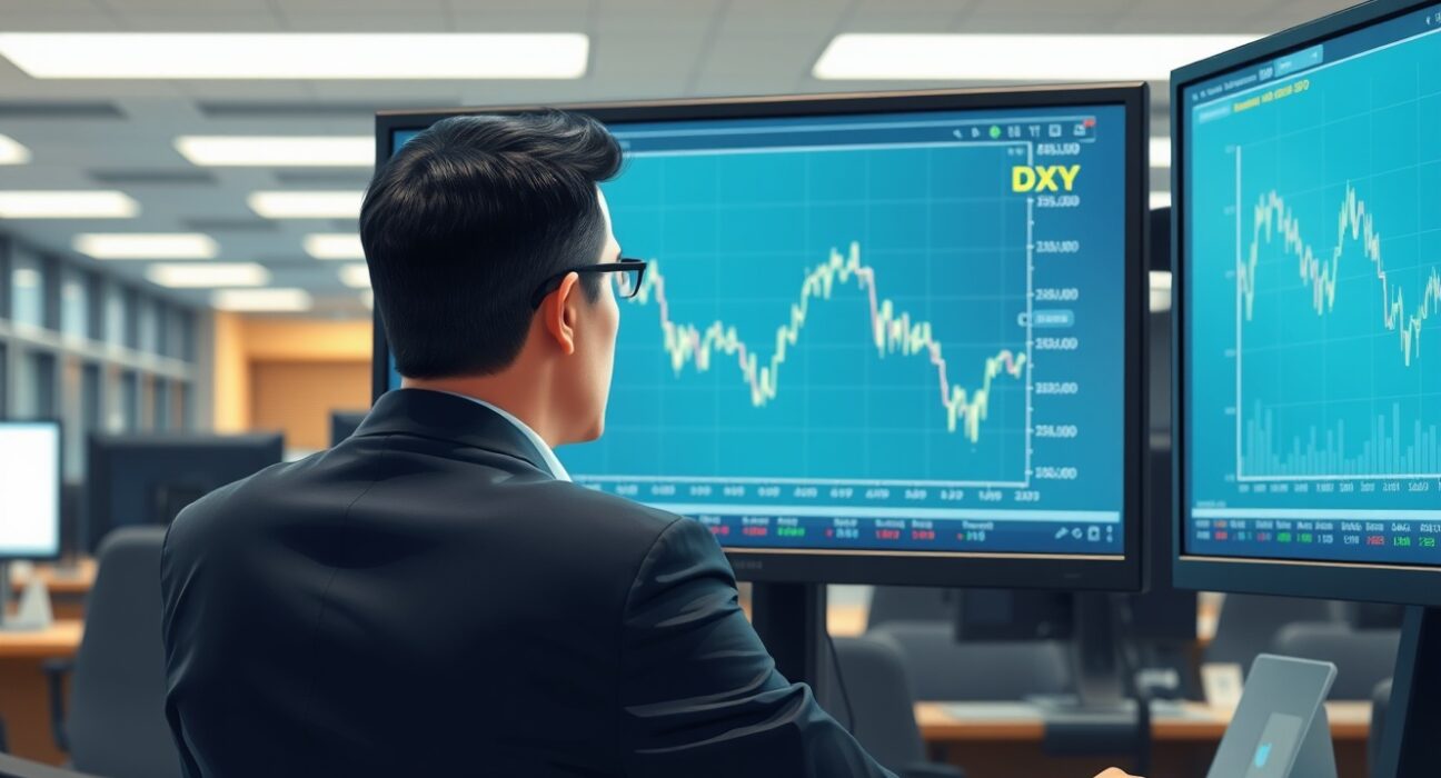 Financial analyst monitoring the falling US Dollar Index (DXY) chart amid geopolitical news.