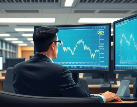 Financial analyst monitoring the falling US Dollar Index (DXY) chart amid geopolitical news.