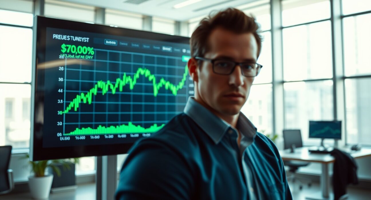 Financial analyst observing rising DXY chart on trading floor monitor