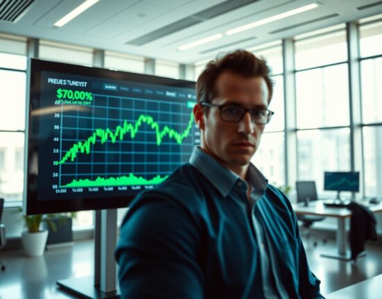 Financial analyst observing rising DXY chart on trading floor monitor
