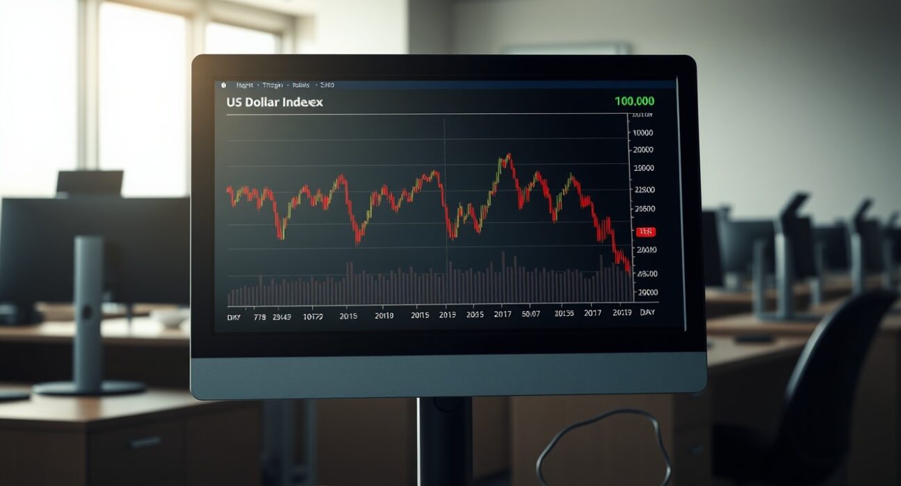 US Dollar Index (DXY) chart analysis showing price testing the 100.00 support level on a financial trading monitor.