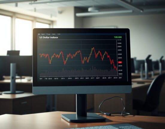 US Dollar Index (DXY) chart analysis showing price testing the 100.00 support level on a financial trading monitor.