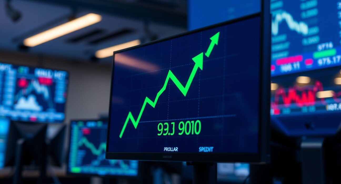 Financial trading screen showing US Dollar Index (DXY) rising above 99.00 with green upward chart