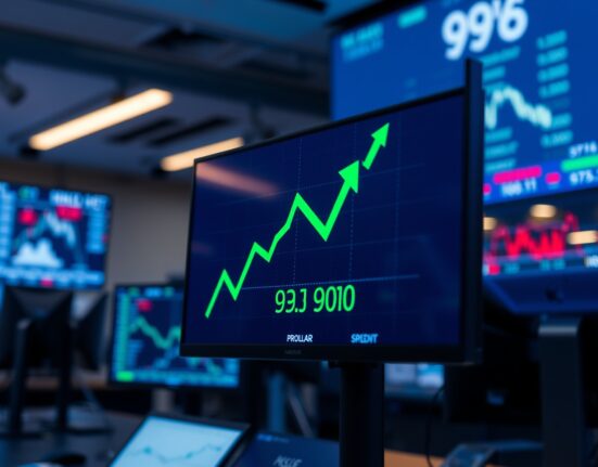 Financial trading screen showing US Dollar Index (DXY) rising above 99.00 with green upward chart