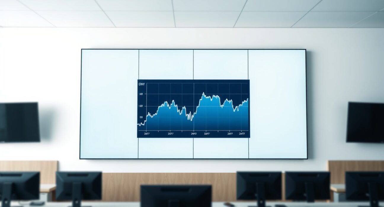 Digital display showing US Dollar Index chart trading in a sideways range