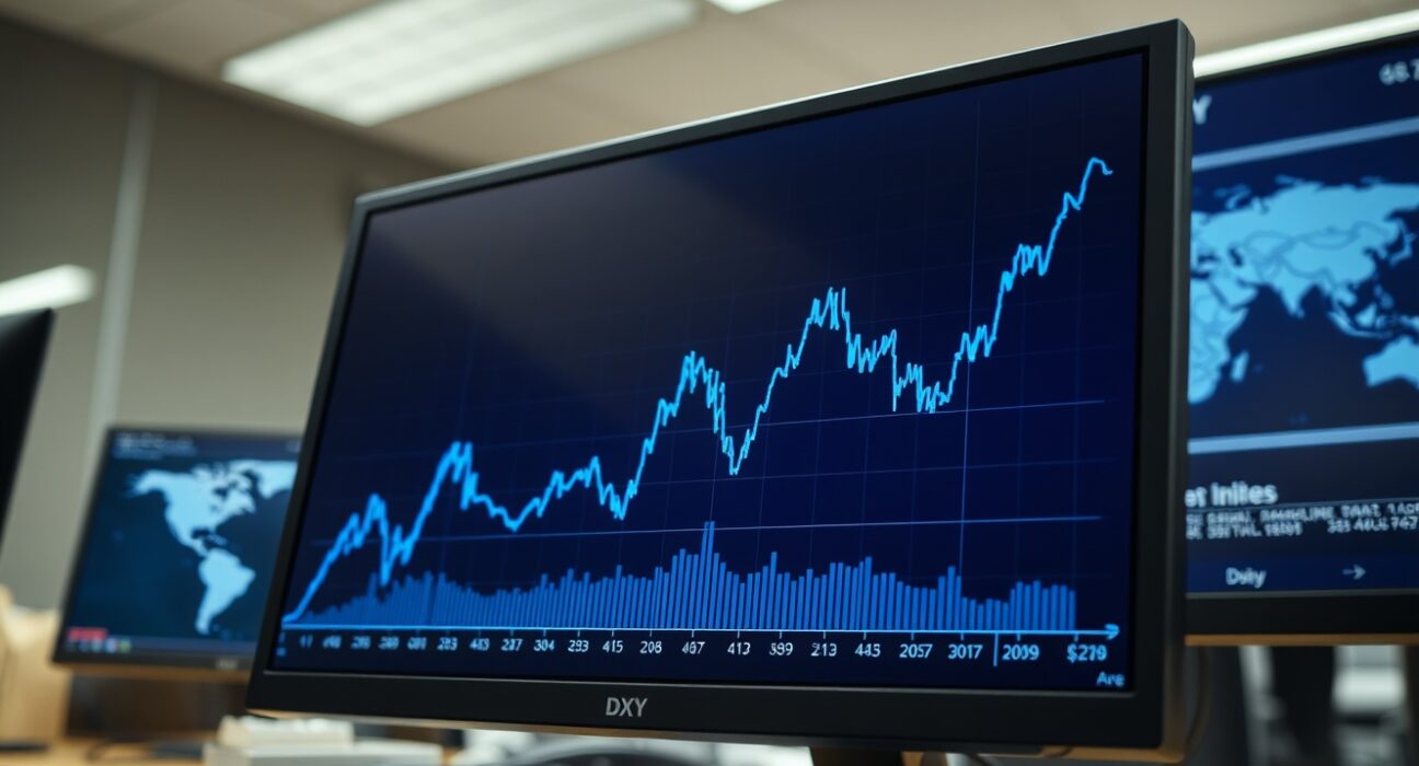 US Dollar Index chart rising on a trading desk monitor amid geopolitical uncertainty.