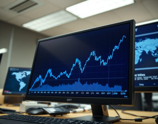 US Dollar Index chart rising on a trading desk monitor amid geopolitical uncertainty.