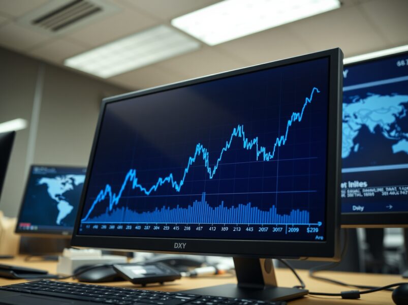 US Dollar Index chart rising on a trading desk monitor amid geopolitical uncertainty.