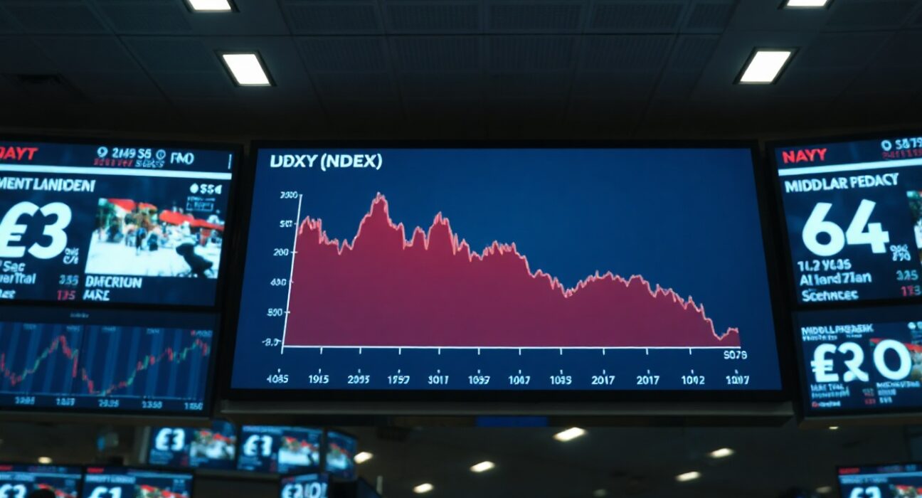 US Dollar Index chart showing decline on trading floor screens amid Iran-Israel conflict news