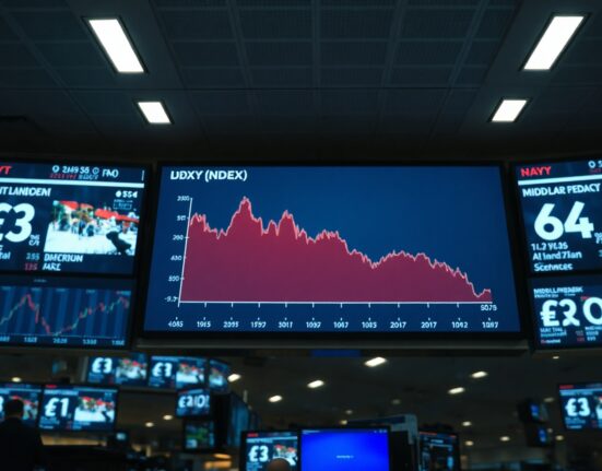 US Dollar Index chart showing decline on trading floor screens amid Iran-Israel conflict news