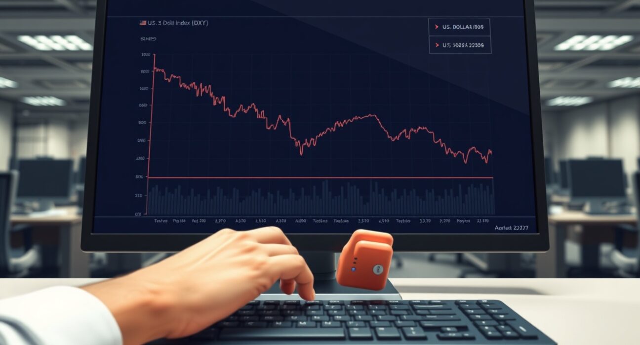US Dollar Index chart declining on a trader's monitor ahead of the Federal Reserve meeting.