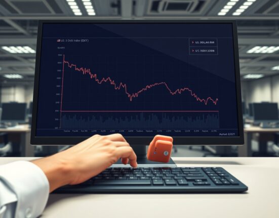 US Dollar Index chart declining on a trader's monitor ahead of the Federal Reserve meeting.