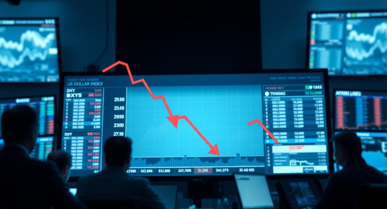 Financial trading screen showing a declining US Dollar Index chart amid easing geopolitical tensions.
