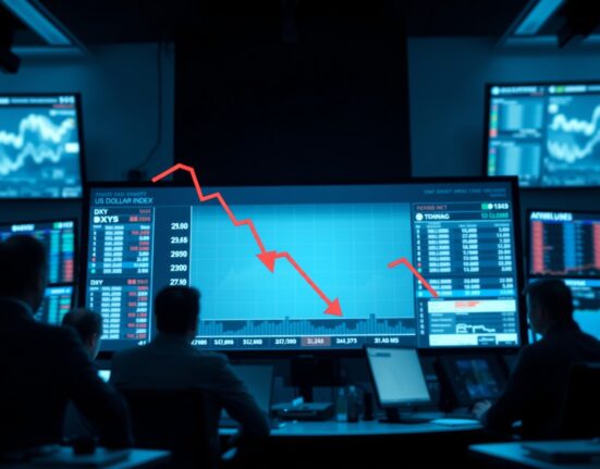Financial trading screen showing a declining US Dollar Index chart amid easing geopolitical tensions.