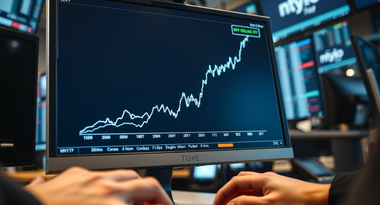 US Dollar Index chart surging upward on a trading desk monitor, reflecting Federal Reserve policy impact.