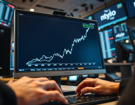 US Dollar Index chart surging upward on a trading desk monitor, reflecting Federal Reserve policy impact.