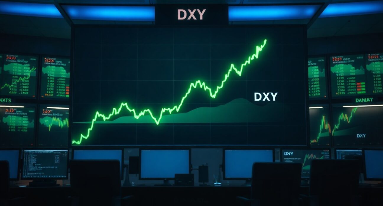 Digital display showing US Dollar Index (DXY) chart on a modern trading floor with energy price context