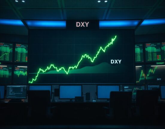 Digital display showing US Dollar Index (DXY) chart on a modern trading floor with energy price context