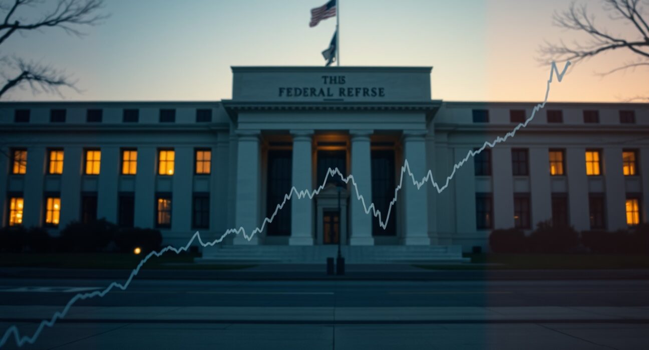 Federal Reserve building at dusk with a subtle DXY chart overlay reflecting market tension