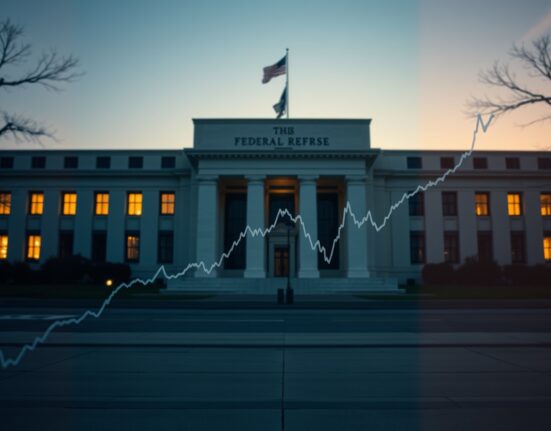 Federal Reserve building at dusk with a subtle DXY chart overlay reflecting market tension