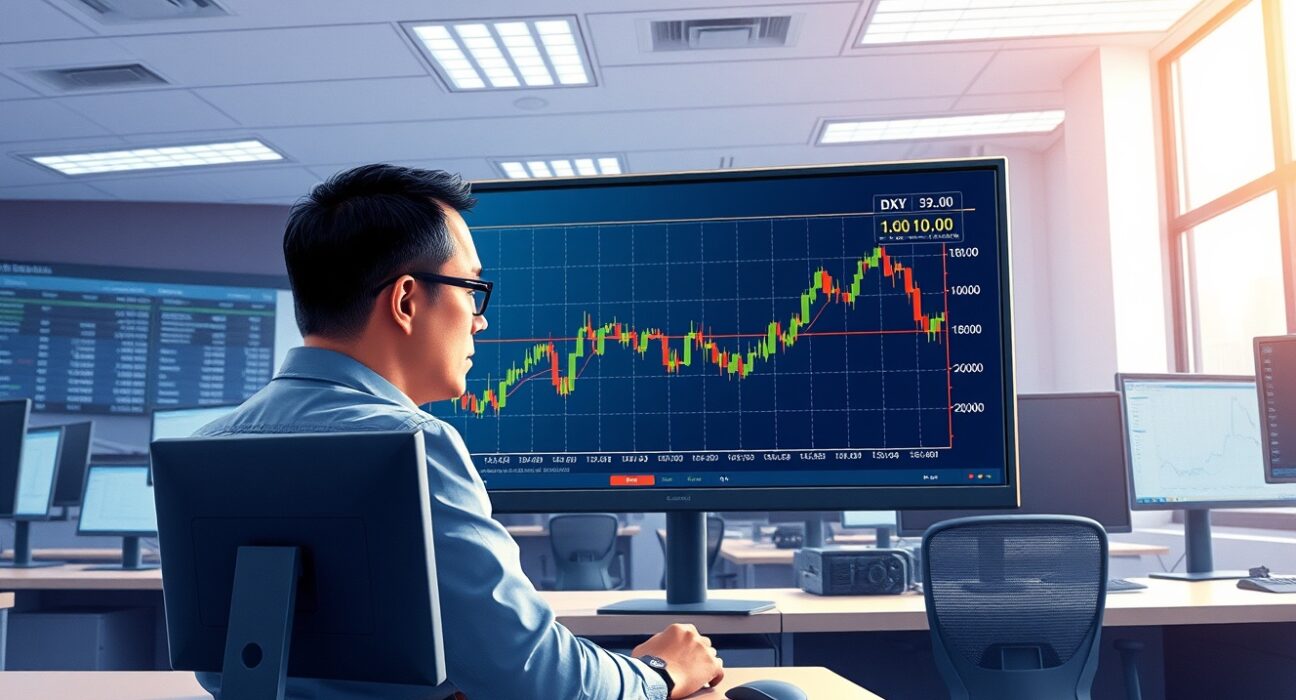 Trader analyzing the US Dollar Index chart ahead of the Federal Reserve policy announcement.