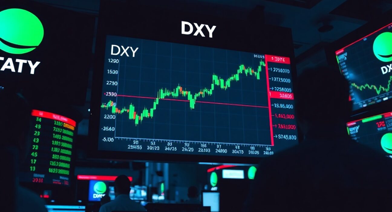 Electronic trading board showing US Dollar Index (DXY) chart on a financial trading floor.