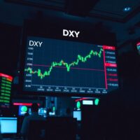 Electronic trading board showing US Dollar Index (DXY) chart on a financial trading floor.