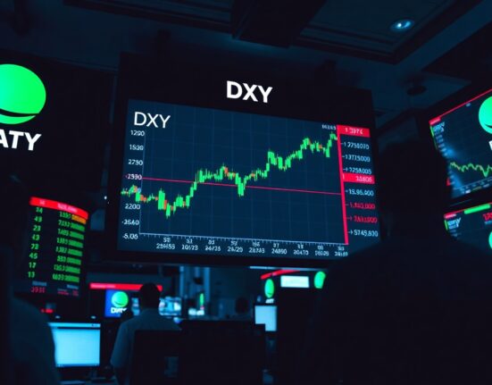 Electronic trading board showing US Dollar Index (DXY) chart on a financial trading floor.