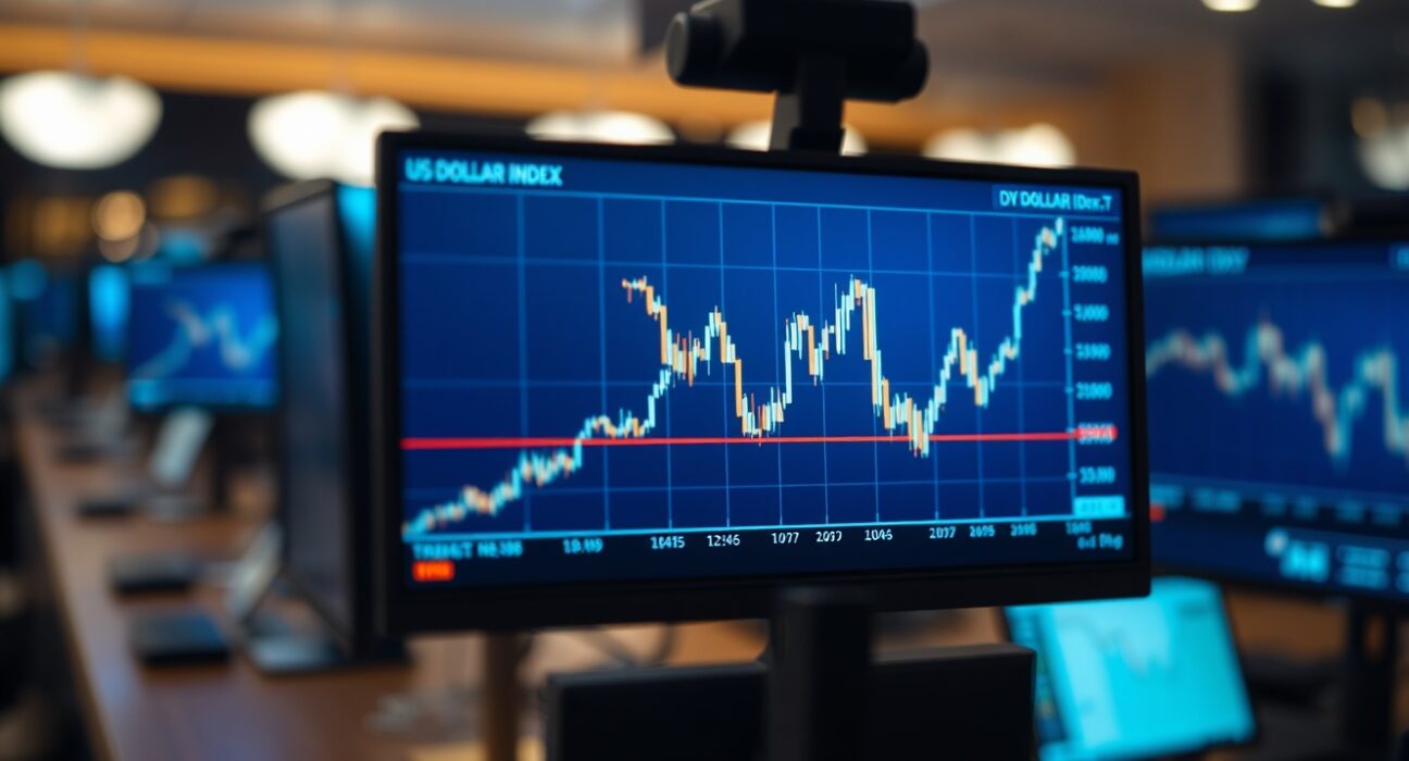Financial screen showing US Dollar Index (DXY) chart with upward trend in a trading environment