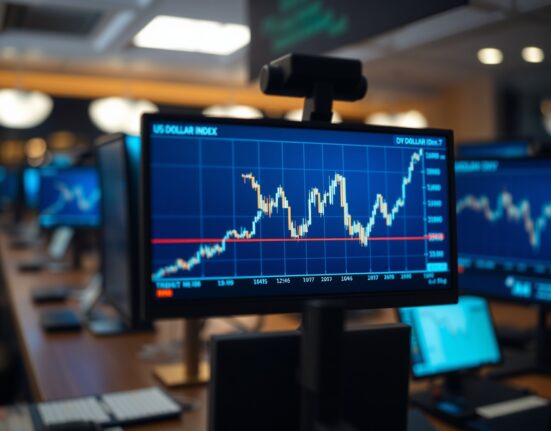 Financial screen showing US Dollar Index (DXY) chart with upward trend in a trading environment