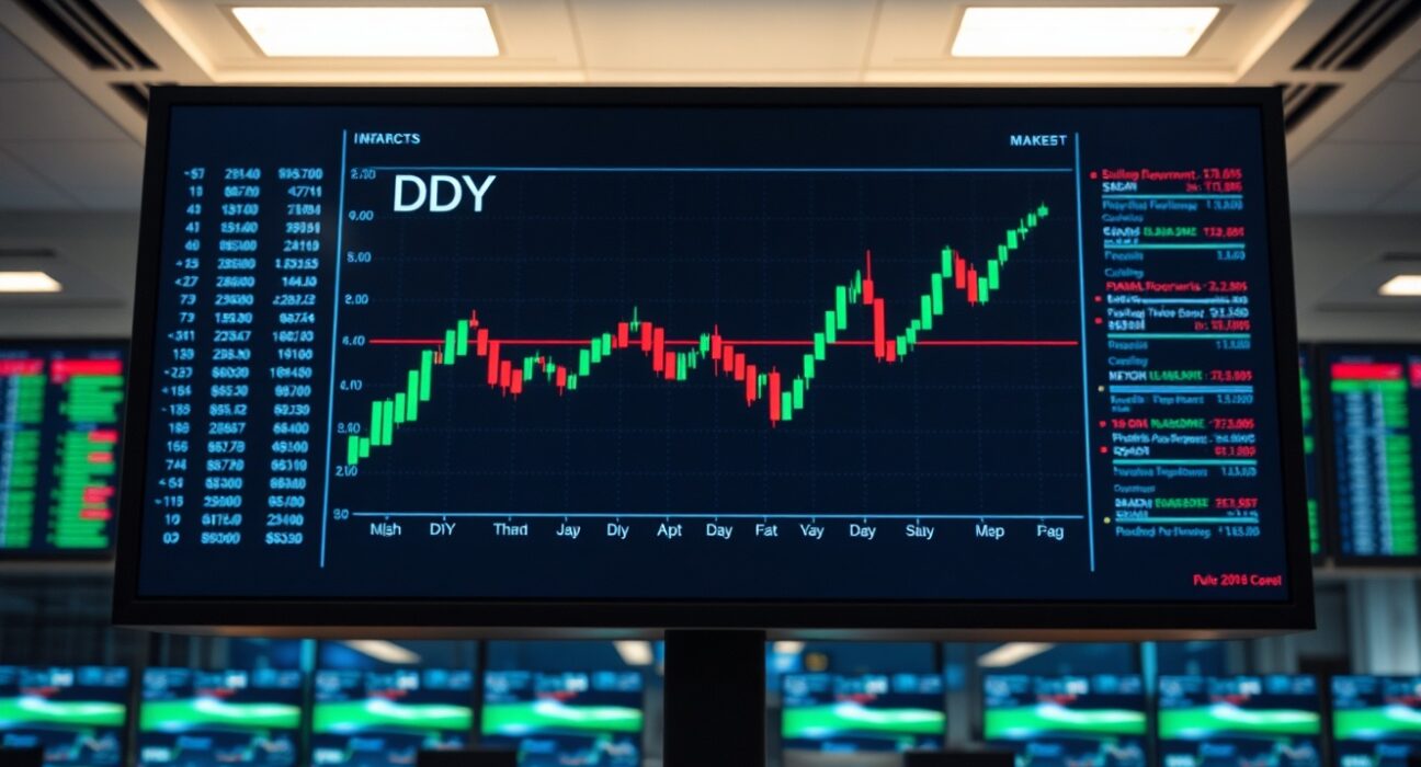 Digital display showing the US Dollar Index chart with flat trading movement on a trading floor