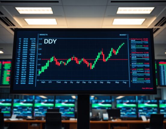 Digital display showing the US Dollar Index chart with flat trading movement on a trading floor
