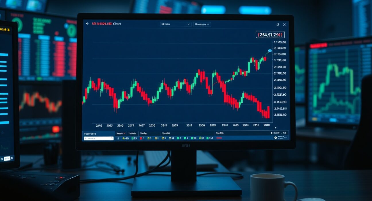 US Dollar Index chart on a trading monitor in a dimly lit financial trading floor