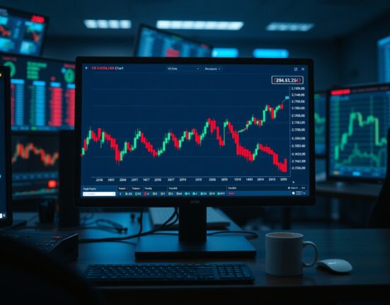 US Dollar Index chart on a trading monitor in a dimly lit financial trading floor