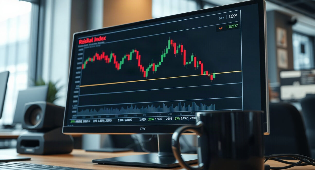 Analyst reviewing US Dollar Index chart with 200-day SMA resistance on monitor
