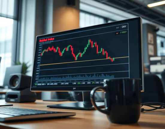 Analyst reviewing US Dollar Index chart with 200-day SMA resistance on monitor