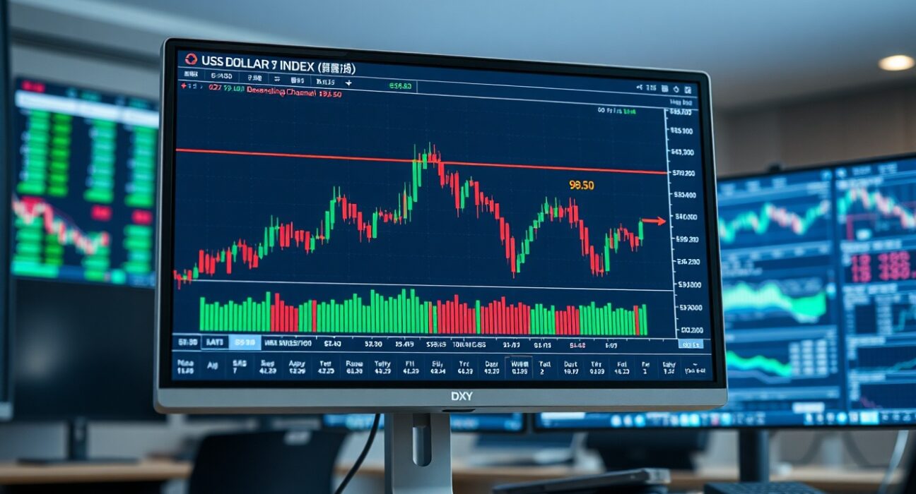 US Dollar Index chart showing price testing descending channel resistance near 98.50 on a trading monitor.