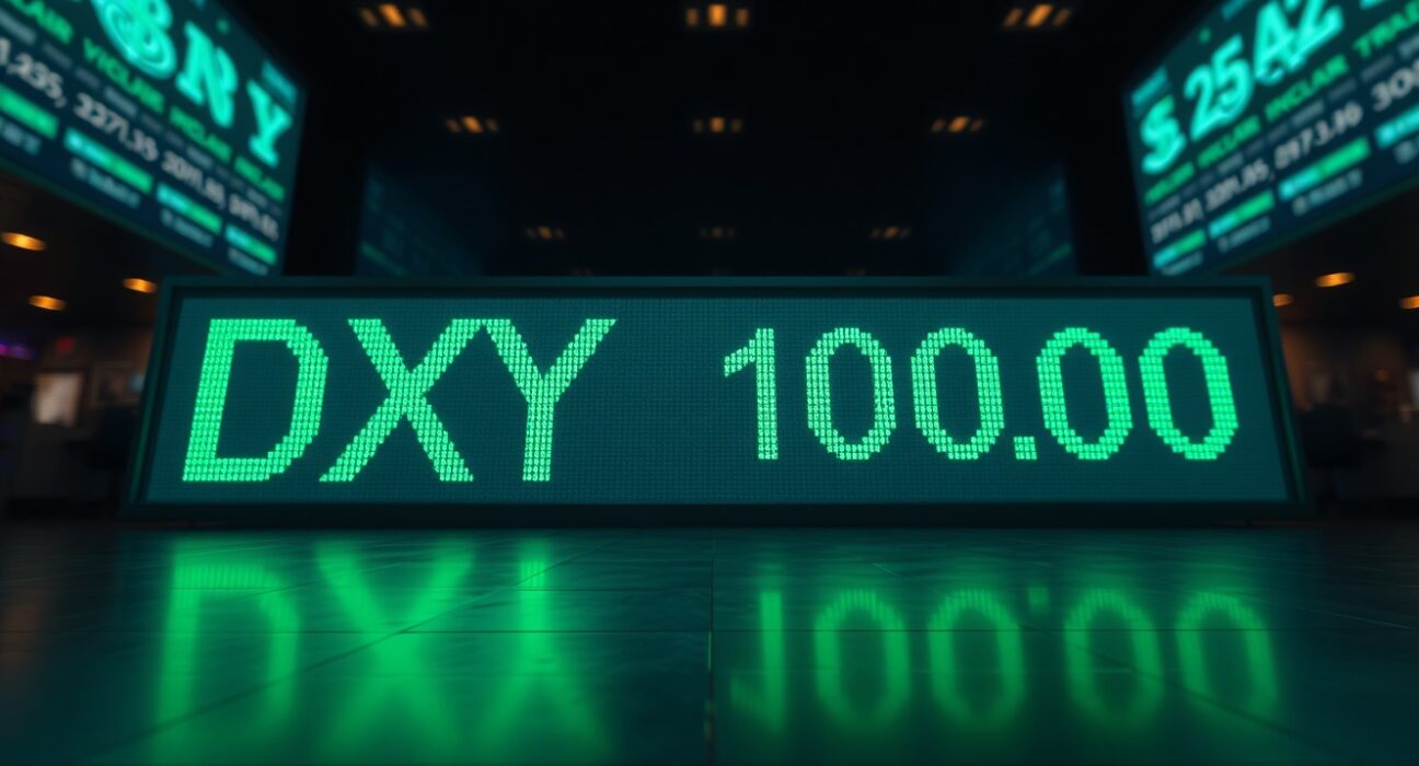 US Dollar Index DXY digital ticker display showing downward trend approaching 100.00 level on trading floor