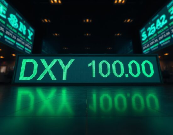 US Dollar Index DXY digital ticker display showing downward trend approaching 100.00 level on trading floor