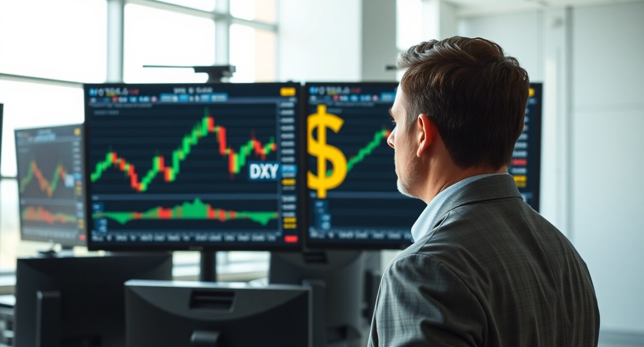 Trader analyzing US Dollar Index charts on multiple monitors in a modern office