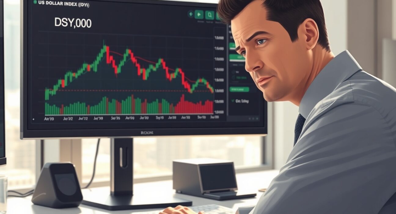 Financial analyst monitoring the US Dollar Index chart showing strength above the 100.00 level.