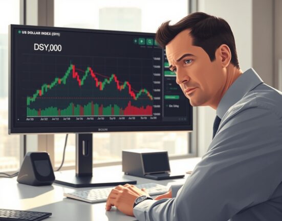 Financial analyst monitoring the US Dollar Index chart showing strength above the 100.00 level.