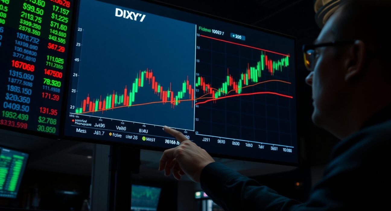 Analyst pointing at US Dollar Index chart approaching 100.80 support level