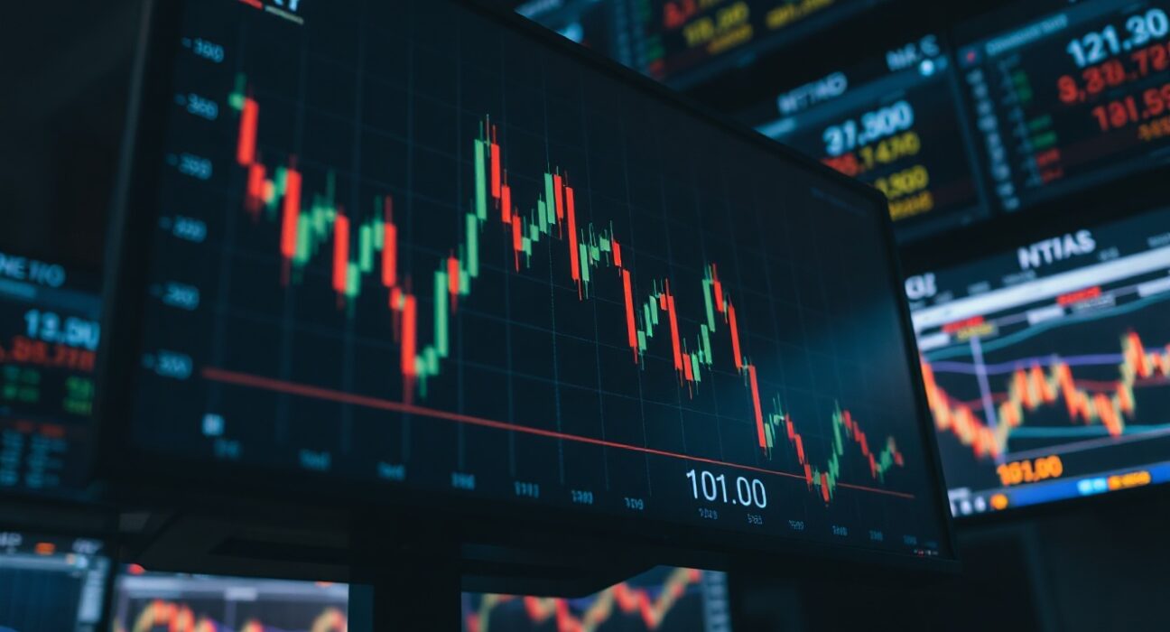 US Dollar Index candlestick chart approaching key 101.00 Fibonacci support level on trading monitor