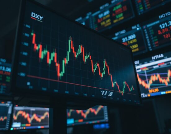 US Dollar Index candlestick chart approaching key 101.00 Fibonacci support level on trading monitor