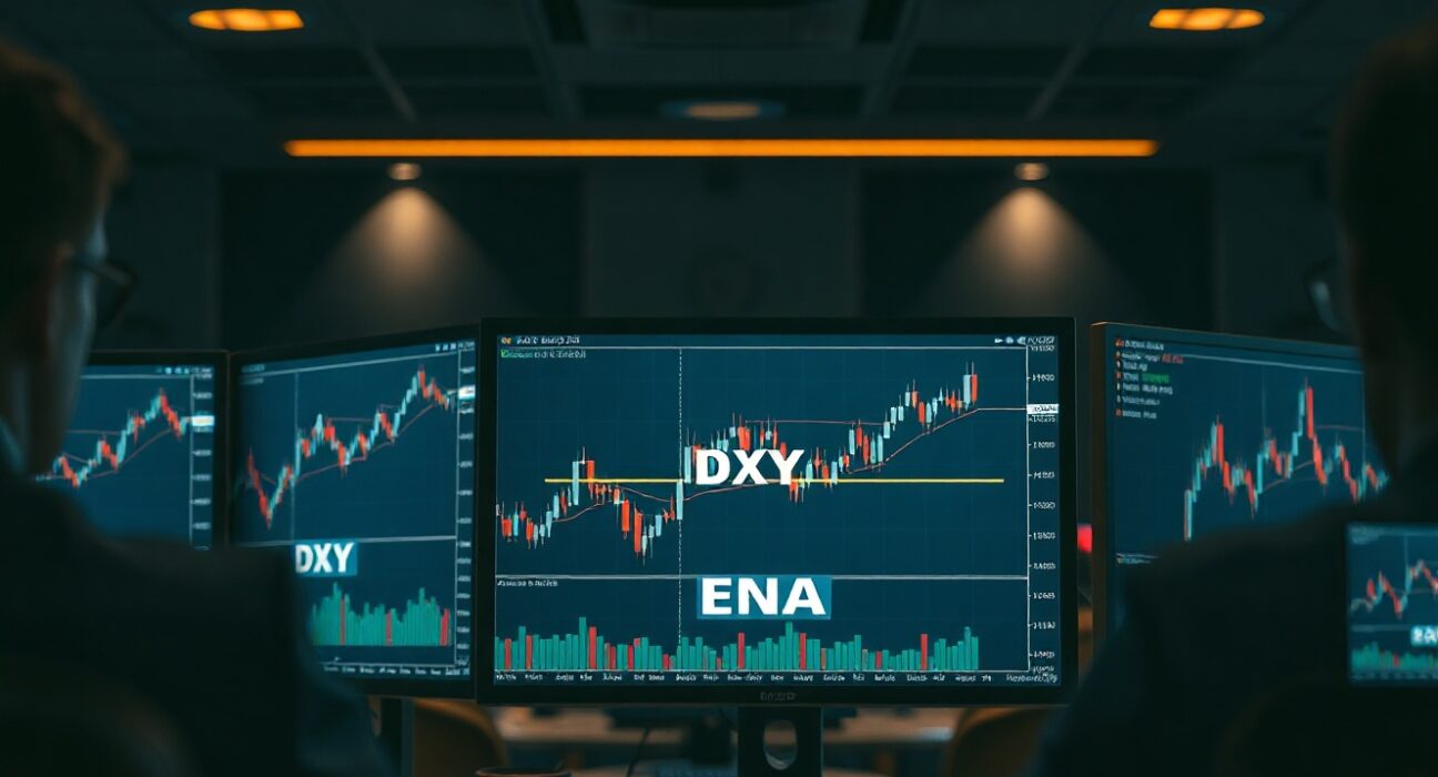 Trading monitors displaying US Dollar Index chart with bullish EMA trendline in a professional trading environment.