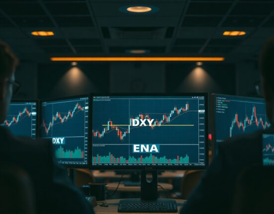 Trading monitors displaying US Dollar Index chart with bullish EMA trendline in a professional trading environment.