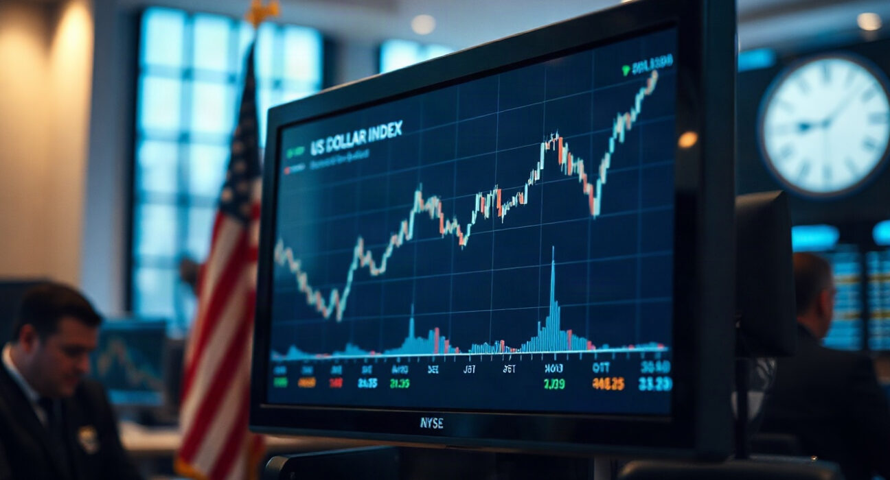 US Dollar Index chart rising on a trading monitor amid geopolitical tensions